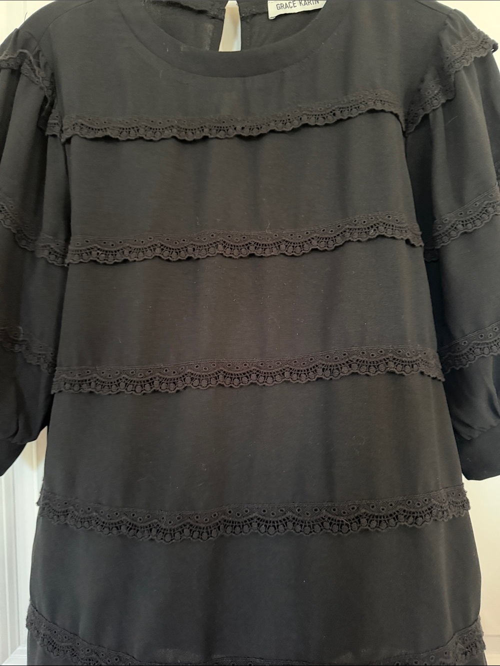 Grace Karin Black Lace-Trim Tiered Puff Sleeve Blouse - Picture 3 of 7